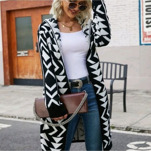 Geo Pattern Drop Shoulder Front Hooded Cardigan - Picture 1 of 7